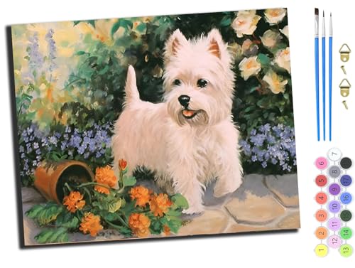 WANGXIAO Malen nach Zahlen Erwachsene,DIY Handgemalt Ölgemälde Kit,40x50 cm,Paint by Numbers Adult Mit 3,Pinseln und Acrylfarbe leinwand Kit,West Highland White Terrier Hund Blumen,mit Rahmen von WANGXIAO