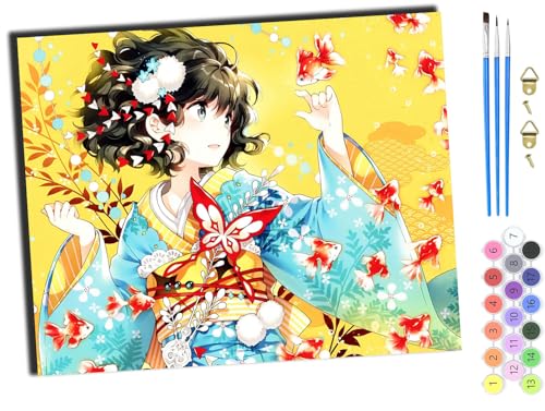 WANGXIAO Malen nach Zahlen Erwachsene,DIY Handgemalt Ölgemälde Kit,Paint by Numbers Adult Mit 3,Pinseln und Acrylfarbe leinwand Kit,40x50 cm,Anime japanische Mädchen Kimono Geisha,mit Rahmen von WANGXIAO