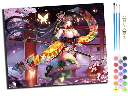 WANGXIAO Malen nach Zahlen Erwachsene,DIY Handgemalt Ölgemälde Kit,Paint by Numbers Adult Mit 3,Pinseln und Acrylfarbe leinwand Kit,40x50 cm,Anime japanische Mädchen Kimono Geisha,mit Rahmen von WANGXIAO