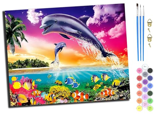 WANGXIAO Malen nach Zahlen Erwachsene,DIY Handgemalt Ölgemälde Kit,Paint by Numbers Adult Mit 3,Pinseln und Acrylfarbe leinwand Kit,40x50 cm,Delphinwelt,ohne Rahmen von WANGXIAO