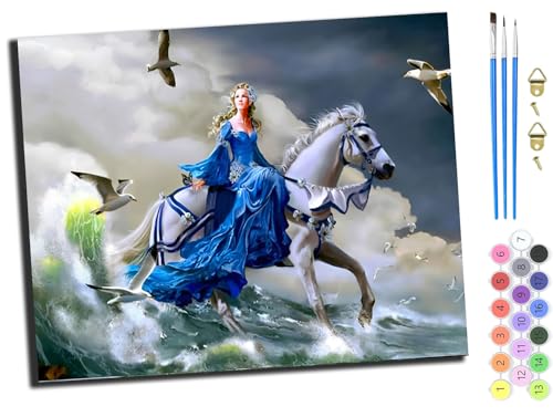 WANGXIAO Malen nach Zahlen Erwachsene,DIY Handgemalt Ölgemälde Kit,Paint by Numbers Adult Mit 3,Pinseln und Acrylfarbe leinwand Kit,40x50 cm,Feenpferd auf dem Meer,ohne Rahmen von WANGXIAO