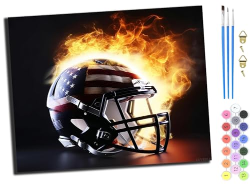 WANGXIAO Malen nach Zahlen Erwachsene,DIY Handgemalt Ölgemälde Kit,Paint by Numbers Adult Mit 3,Pinseln und Acrylfarbe leinwand Kit,40x50 cm,Flammen-American-Football-Helm,ohne Rahmen von WANGXIAO