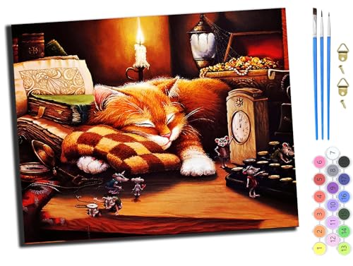 WANGXIAO Malen nach Zahlen Erwachsene,DIY Handgemalt Ölgemälde Kit,Paint by Numbers Adult Mit 3,Pinseln und Acrylfarbe leinwand Kit,40x50 cm,Katze schläft unter Kerzenlicht,ohne Rahmen von WANGXIAO