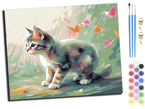 WANGXIAO Malen nach Zahlen Erwachsene,DIY Handgemalt Ölgemälde Kit,Paint by Numbers Adult Mit 3,Pinseln und Acrylfarbe leinwand Kit,40x50 cm,Katze und Schmetterling,ohne Rahmen von WANGXIAO
