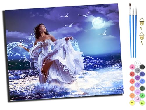 WANGXIAO Malen nach Zahlen Erwachsene,DIY Handgemalt Ölgemälde Kit,Paint by Numbers Adult Mit 3,Pinseln und Acrylfarbe leinwand Kit,40x50 cm,Mädchen am Strand,ohne Rahmen von WANGXIAO