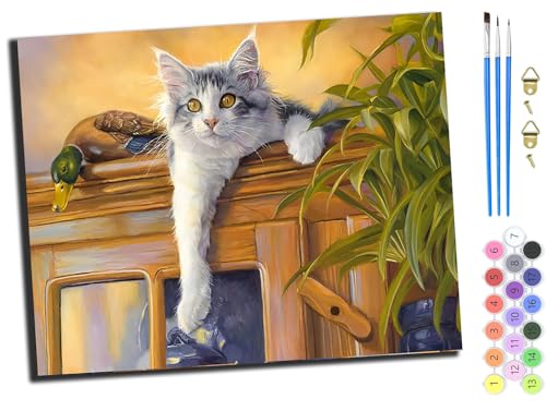 WANGXIAO Malen nach Zahlen Erwachsene,DIY Handgemalt Ölgemälde Kit,Paint by Numbers Adult Mit 3,Pinseln und Acrylfarbe leinwand Kit,40x50 cm,Tier Katze,mit Rahmen von WANGXIAO