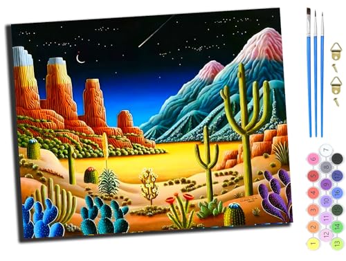 WANGXIAO Malen nach Zahlen Erwachsene,DIY Handgemalt Ölgemälde Kit,Paint by Numbers Adult Mit 3,Pinseln und Acrylfarbe leinwand Kit,40x50 cm,Wüstenlandschaft im Westen mit Kaktus,ohne Rahmen von WANGXIAO