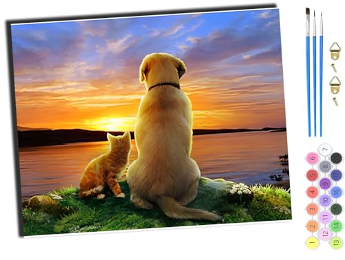 WANGXIAO Malen nach Zahlen Erwachsene,DIY Handgemalt Ölgemälde Kit,Paint by Numbers Adult Mit 3,Pinseln und Acrylfarbe leinwand Kit,40x50 cm,sonnenuntergang tiere hund und katze tiere,mit Rahmen WANGXIAO Malen nach Zahlen Erwachsene,DIY Handgemalt Ölgemälde Kit,Paint by Numbers Adult Mit 3,Pinseln und Acrylfarbe leinwand Kit,40x50 cm,sonnenuntergang tiere hund und katze tiere,mit Rahmen von WANGXIAO