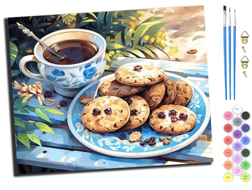 WANGXIAO Malen nach Zahlen Erwachsene,Paint by Numbers,DIY Handgemalt Ölgemälde Mit 3,Pinseln und Acrylfarbe knitterfreie leinwand Kit,40x50 cm,Romantischer Nachmittagstee Kekse Kaffee,ohne Rahmen von WANGXIAO