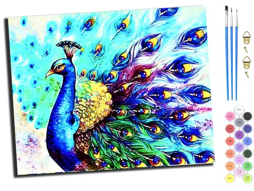 WANGXIAO Malen nach Zahlen Erwachsene,Paint by Numbers,DIY Handgemalt Ölgemälde Mit 3,Pinseln und Acrylfarbe knitterfreie leinwand Kit,40x50 cm,Tier blau Pfau Vogel,mit Rahmen von WANGXIAO