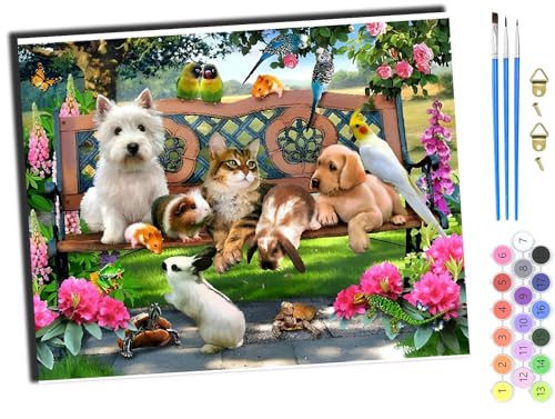WANGXIAO Malen nach Zahlen Erwachsene,Paint by Numbers,DIY Handgemalt Ölgemälde Mit 3,Pinseln und Acrylfarbe knitterfreie leinwand Kit,40x50 cm,Tiere Hund Katze Familie,mit Rahmen von WANGXIAO