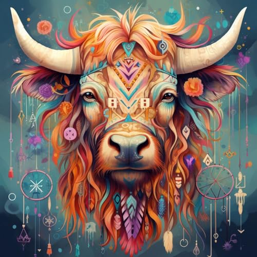 WANGXIAO Malen nach Zahlen Erwachsene,Paint by Numbers,DIY Handgemalt Ölgemälde Mit 3 Pinseln und Acrylfarbe knitterfreie leinwand Kit,40x40 cm,Bunter Traumfänger Highland Cow，,ohne Rahmen von WANGXIAO
