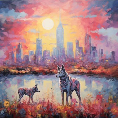 WANGXIAO Malen nach Zahlen Erwachsene,happy Painting Kits,Bastelset Leinwand Pinsel,Handgemalt Ölgemälde 40x40cm,Stadt und Wolf，,Mit Rahmen von WANGXIAO