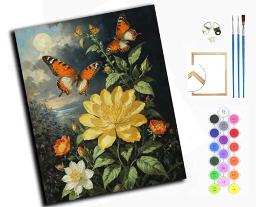 WANGXIAO Malen nach Zahlen Erwachsene,happy Painting Kits,Bastelset Leinwand Pinsel,Handgemalt Ölgemälde 40x50cm,Mondlicht, Blumen und Schmetterlinge,mit Rahmen von WANGXIAO