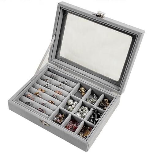 Schmuckkästen mit Glasdeckel, Beflockung Halskette Ohrringe Ring Schmuckschatulle, Schmuck Aufbewahrungsfach, Schmuck Vitrine Store Showcase Box Geschenke für Mädchen, Frauen, Grau Schmuckkästen mit Glasdeckel, Beflockung Halskette Ohrringe Ring Schmuckschatulle, Schmuck Aufbewahrungsfach, Schmuck Vitrine Store Showcase Box Geschenke für Mädchen, Frauen, Grau von WANGZAIZAI