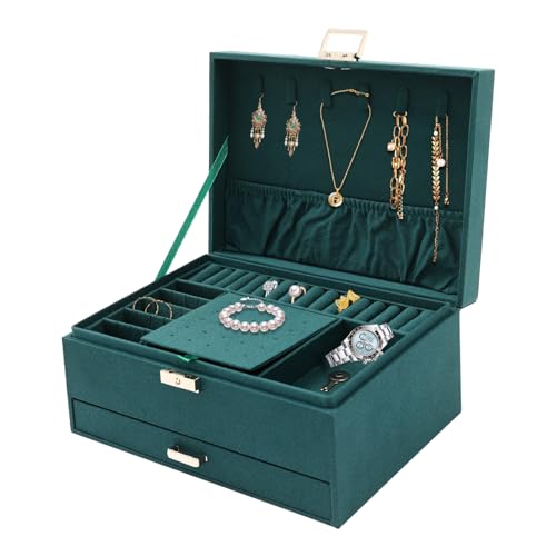 WANLECY Schmuckschatulle mit Schloss für Damen, grünes Flanell, 3-lagig, Schmuck-Organizer, Uhren, Halsketten, Ringe, Aufbewahrungsbox von WANLECY