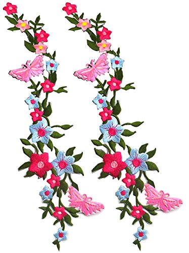 WANLIAN 2 Stück neue Schmetterlinge Blume Applique, bestickte Aufnäher zum Aufnähen oder Aufbügeln, Applikation für Kleider, Hosen, Hüte, Jeans, Nähen, Blumen-Applikation, Bastelzubehör von WANLIAN