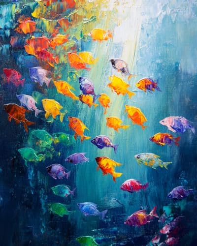 Malen Nach Zahlen Erwachsene Bunte Fische im Wasser-2 Paint by Numbers diy GemäLde Kit mit Pinsel und Acrylfarbe Als Geschenk für Wanddeko Groß 40x50cm von WANMIU