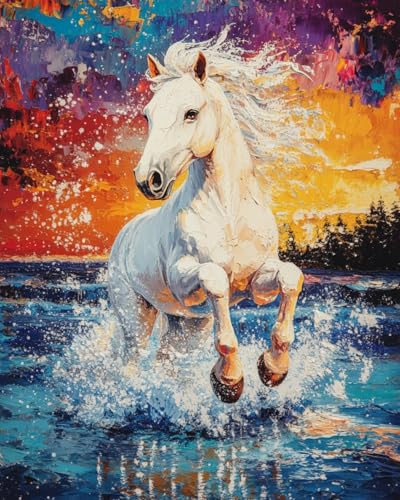 Malen nach Zahlen Weißes Pferd galoppiert am Wasser entlang Kits für Anfänger Erwachsene DIY Art Decor Handgemalte Malerei nach Zahlen Kreatives Geschenk Home Decoration 16x20 Zoll von WANMIU