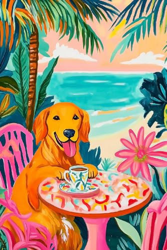 WANMIU Malen Nach Zahlen Erwachsene Kaffeezeit für Golden Retriever am Strand DIY handgemaltes Ölgemälde Set für Anfänger und Erwachsene, Acrylfarbe, Kindergemälde, Kreative Heimdekoration, Geschenk von WANMIU
