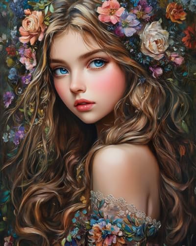 WANMIU Malen Nach Zahlen Erwachsene Mädchen und Blumen (6) Paint by Numbers diy GemäLde Kit mit Pinsel und Acrylfarbe Als Geschenk für Wanddeko Groß 40x50cm von WANMIU