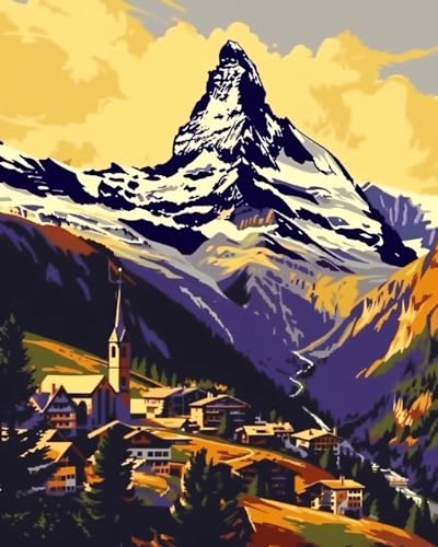 WANMIU Malen nach Zahlen Das Dorf unter dem Matterhorn Kits für Anfänger Erwachsene DIY Art Decor Handgemalte Malerei nach Zahlen Kreatives Geschenk Home Decoration 16x20 Zoll von WANMIU