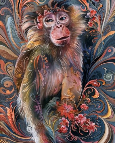 WANMIU Malen nach Zahlen Erwachsene Blumenaffe Paint by Numbers Adult DIY Handgemalt Ölgemälde Mit 3 - Pinseln und Acrylfarbe knitterfreie leinwand Kit - 40 X 50 CM von WANMIU