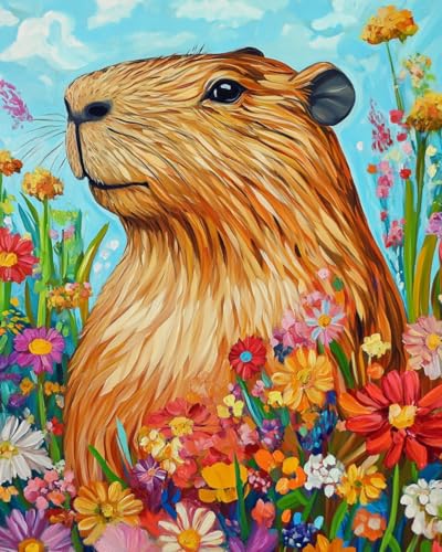 WANMIU Malen nach Zahlen Erwachsene Capybara in den Blumen-1 DIY Malen nach Zahlen Kits auf Leinwand Acrylmalerei mit Pinseln Leinwand Geschenke Kunsthandwerk 40 x 50 cm(rahmenlos) von WANMIU