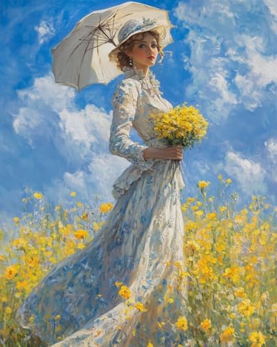 WANMIU Malen nach Zahlen Erwachsene Frau mit Regenschirm im Blumenfeld-1 DIY Malen nach Zahlen Kits auf Leinwand Acrylmalerei mit Pinseln Leinwand Geschenke Kunsthandwerk 40 x 50 cm(rahmenlos) von WANMIU