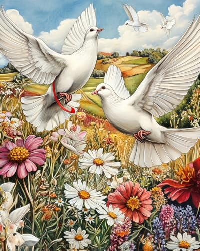 WANMIU Malen nach Zahlen Erwachsene Friedenstaube und Blumenfeld DIY Malen nach Zahlen Kits auf Leinwand Acrylmalerei mit Pinseln Leinwand Geschenke Kunsthandwerk 40 x 50 cm(rahmenlos) von WANMIU