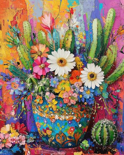WANMIU Malen nach Zahlen Erwachsene Kakteen und Blumen Paint by Numbers Adult DIY Handgemalt Ölgemälde Mit 3 - Pinseln und Acrylfarbe knitterfreie leinwand Kit - 40 X 50 CM von WANMIU