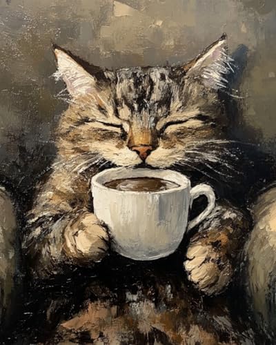 WANMIU Malen nach Zahlen Erwachsene Katze trinkt Kaffee (2) DIY Malen nach Zahlen Kits auf Leinwand Acrylmalerei mit Pinseln Leinwand Geschenke Kunsthandwerk 40 x 50 cm(rahmenlos) von WANMIU