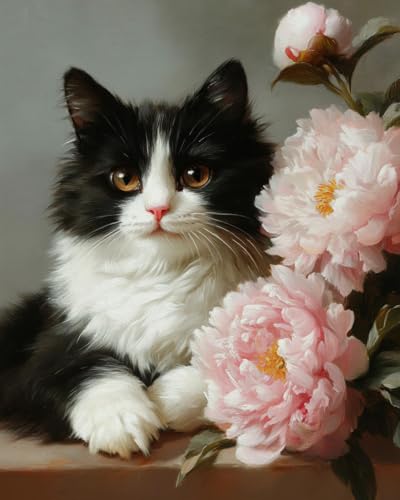 WANMIU Malen nach Zahlen Erwachsene Katze und Blumen (3) DIY Malen nach Zahlen Kits auf Leinwand Acrylmalerei mit Pinseln Leinwand Geschenke Kunsthandwerk 40 x 50 cm(rahmenlos) von WANMIU