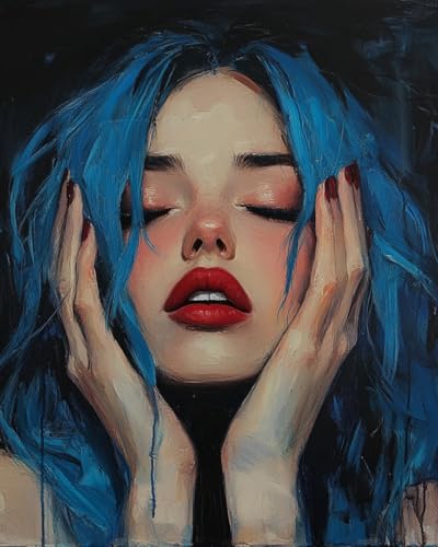 WANMIU Malen nach Zahlen Erwachsene Mädchen mit blauen Haaren und roten Lippen DIY Malen nach Zahlen Kits auf Leinwand Acrylmalerei mit Pinseln Leinwand Geschenke Kunsthandwerk 40 x 50 cm(rahmenlos) von WANMIU