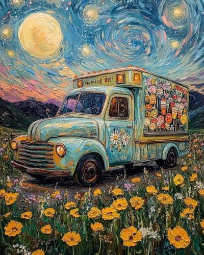 WANMIU Malen nach Zahlen Erwachsene Retro-Auto im Blumenfeld Paint by Numbers Adult DIY Handgemalt Ölgemälde Mit 3 - Pinseln und Acrylfarbe knitterfreie leinwand Kit - 40 X 50 CM von WANMIU