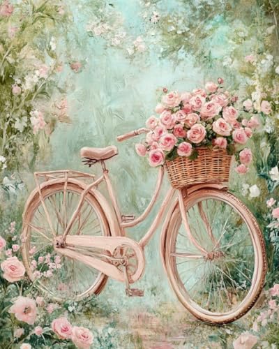 WANMIU Malen nach Zahlen Erwachsene Rosa Fahrrad und Blumen DIY Malen nach Zahlen Kits auf Leinwand Acrylmalerei mit Pinseln Leinwand Geschenke Kunsthandwerk 40 x 50 cm(rahmenlos) von WANMIU