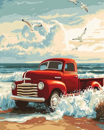 WANMIU Malen nach Zahlen Erwachsene Rotes Auto am Meer DIY Malen nach Zahlen Kits auf Leinwand Acrylmalerei mit Pinseln Leinwand Geschenke Kunsthandwerk 40 x 50 cm(rahmenlos) von WANMIU