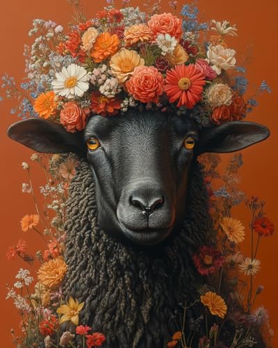 WANMIU Malen nach Zahlen Erwachsene Schwarze Schafe und Blumen Paint by Numbers Adult DIY Handgemalt Ölgemälde Mit 3 - Pinseln und Acrylfarbe knitterfreie leinwand Kit - 40 X 50 CM von WANMIU