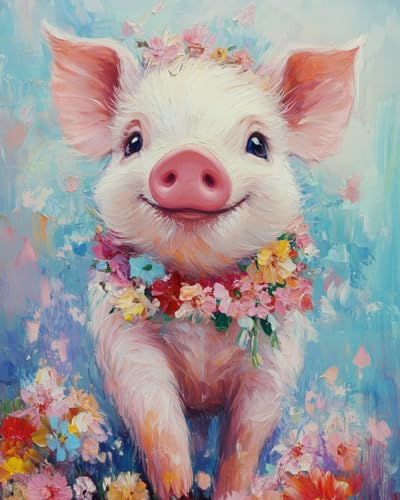 WANMIU Malen nach Zahlen Erwachsene Schwein in den Blumen-1 DIY Malen nach Zahlen Kits auf Leinwand Acrylmalerei mit Pinseln Leinwand Geschenke Kunsthandwerk 40 x 50 cm(rahmenlos) von WANMIU