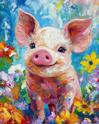WANMIU Malen nach Zahlen Erwachsene Schwein in den Blumen-2 DIY Malen nach Zahlen Kits auf Leinwand Acrylmalerei mit Pinseln Leinwand Geschenke Kunsthandwerk 40 x 50 cm(rahmenlos) von WANMIU