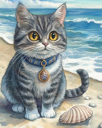 WANMIU Malen nach Zahlen Erwachsene Süßes Kätzchen am Strand Paint by Numbers Adult DIY Handgemalt Ölgemälde Mit 3 - Pinseln und Acrylfarbe knitterfreie leinwand Kit - 40 X 50 CM von WANMIU
