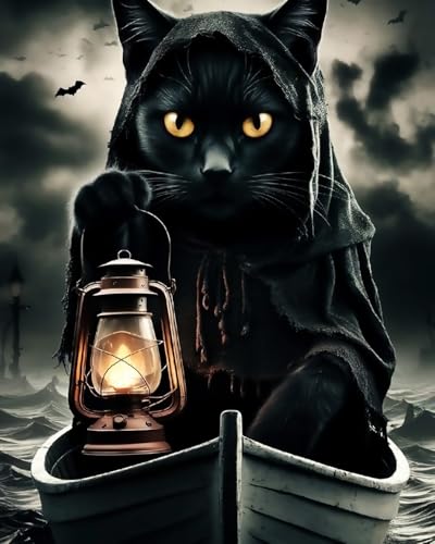 WANMIU Malen nach Zahlen Erwachsene Tod Black Cat Fährmann DIY Malen nach Zahlen Kits auf Leinwand Acrylmalerei mit Pinseln Leinwand Geschenke Kunsthandwerk 40 x 50 cm(rahmenlos) von WANMIU