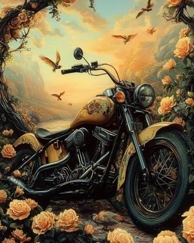 WANMIU Malen nach Zahlen Kits Erwachsene und Kinder Oldtimer-Motorrad und Blumen DIY Ölgemälde Digitale Leinwand Wandkunst Home Decoration - 40x50CM von WANMIU
