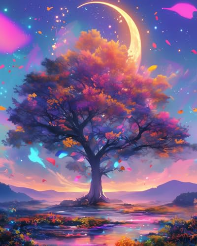 WANMIU Malen nach Zahlen Mond, Bäume, Landschaften (2) Kits für Anfänger Erwachsene DIY Art Decor Handgemalte Malerei nach Zahlen Kreatives Geschenk Home Decoration 16x20 Zoll von WANMIU