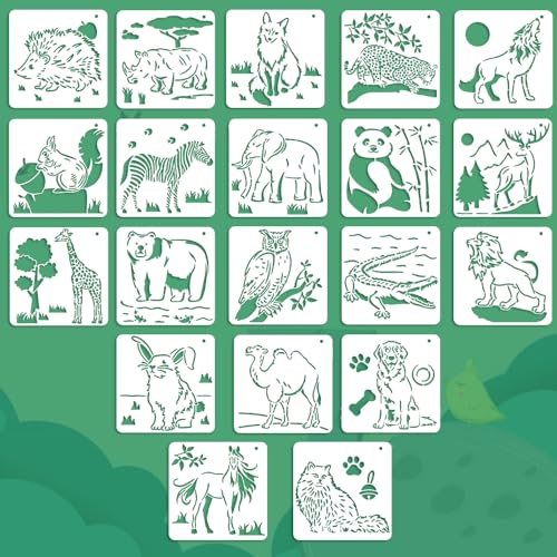 WANTOUTH 20 Stücke Tierschablonen Tiere Schablonen Stencil PET Zeichenschablonen 14.8 * 14.8cm Tiermalerei Schablonen Schaf Pferd Löwe Katze Kuh Stencil Waldtiere zum Malen für Scrapbooking DIY von WANTOUTH