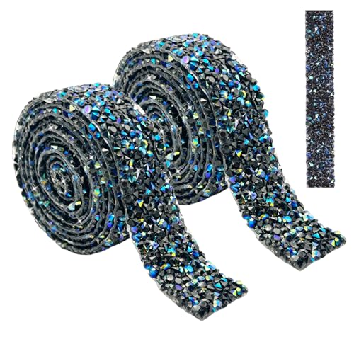 2 Bände Strassband Selbstklebend, Bling Harz-Strassband Breite 2cm, Strasssteine Selbstklebend Schwarz AB Glitzerband, Rhinestones, Glitzerstreifen, Strasssteine-Klebeband für DIY Kleidung, Handwerk von WANTUSHUI