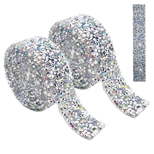 2 Bände Strassband Selbstklebend, Bling Harz-Strassband Breite 2cm, Strasssteine Selbstklebend Silber AB Glitzerband, Rhinestones, Glitzerstreifen, Strasssteine-Klebeband für DIY Kleidung, Handwerk von WANTUSHUI