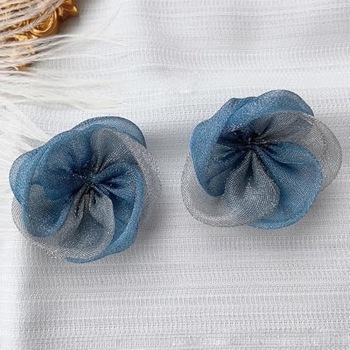WANYI 10 Stück Organza Blumen Applikation Patches Ansteckblume Stoffblumen zum Aufnähen Zweifarbige Organza Blume Applique Künstliche Blumen Deko für DIY Kleidung Haarschmuck Taschen(blau+grau) von WANYI