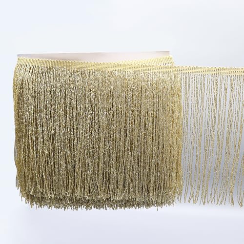 WANYI 10 Yards 20cm Breite Fransenborte Pailletten Fransen Quaste Seide Quastenborte Fransenbesatz Fransenband Tanzfransen Nähzubehör für Lateinisches Tanzkleid, Bühnenkleidung, Apparel(Dunkelgold) von WANYI