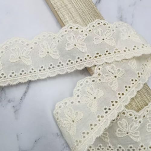 WANYI 10 Yards Baumwolle Spitzenband 4CM Breit Spitzenborte Beige Spitzenbordüre Baumwollspitze mit Schleife Muster Spitze Borte zum Nähen für Geschenkband DIY-Basteln von WANYI